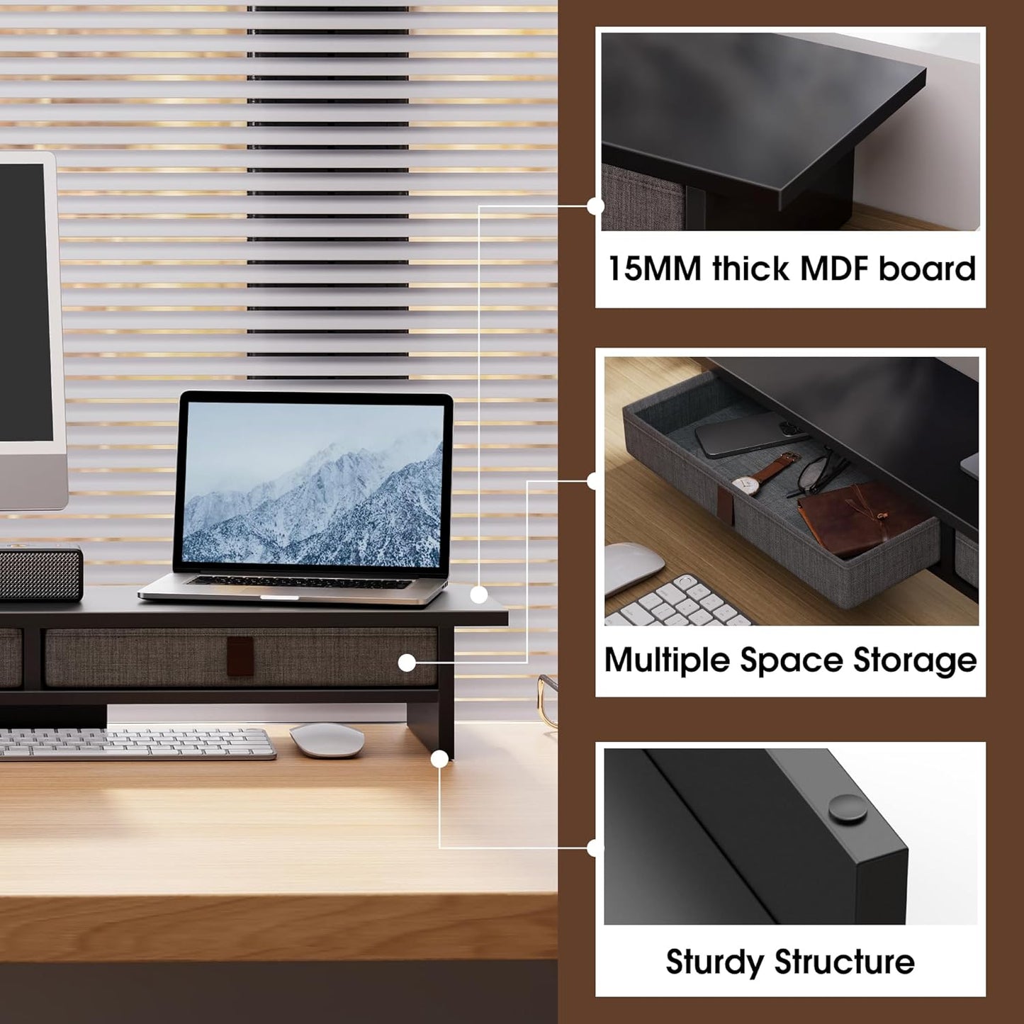 Fenge Monitor Stand with Drawer, 2 Tiers Dual Monitor Riser for Desk, 35 Inch Computer Stand for 2 Monitors, Desk Shelf for Home, Office, Laptop, PC, TV, Printer