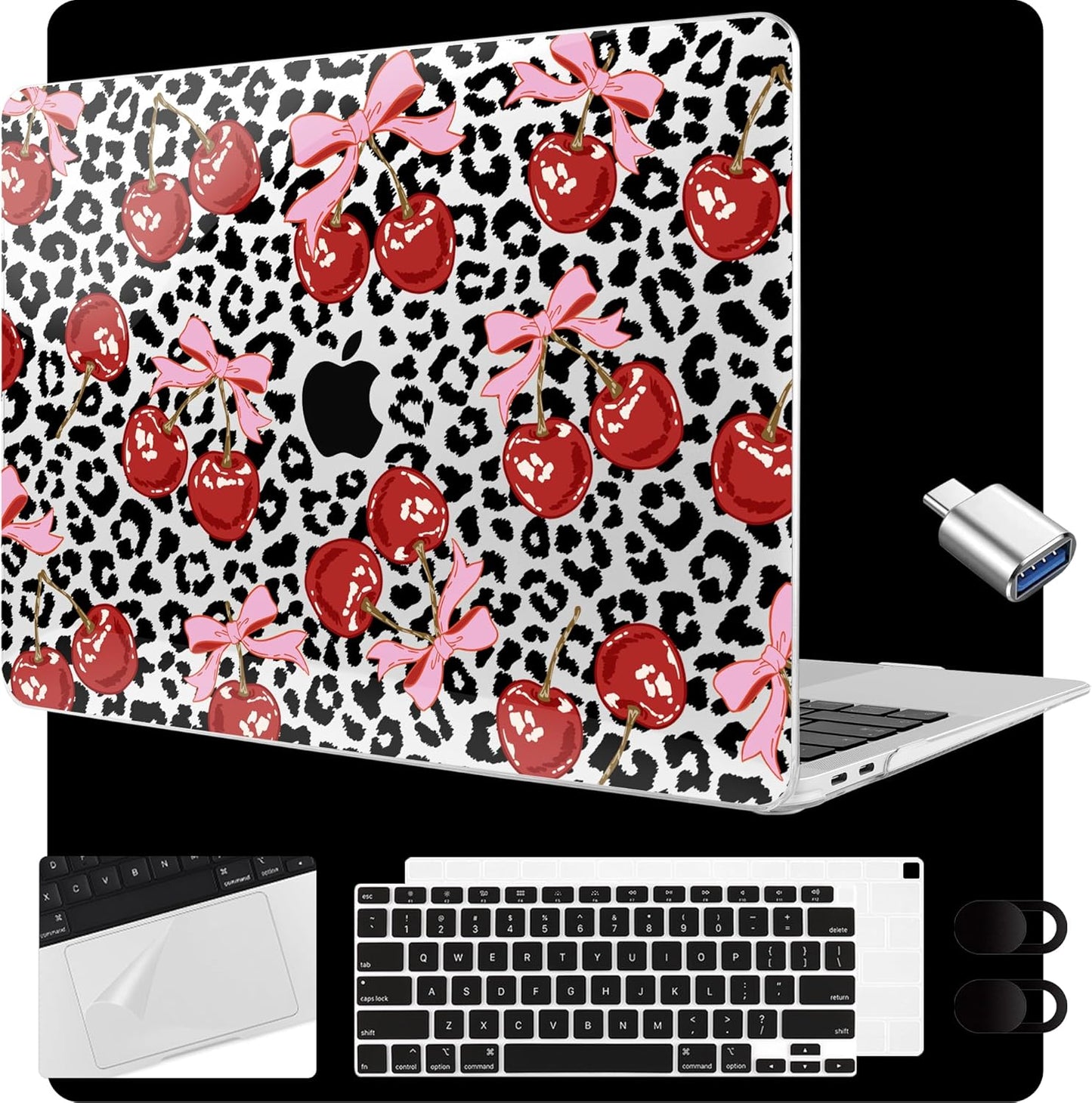 MEEgoodo for MacBook Air 13.3 inch Case 2021 2020 2019 2018 A2337 M1 A2179 A1932, Laptop Shell for MacBook Air M1 with Keyboard Webcam Cover & Trackpad Film & Type C Adapter,Leopard & Cherry