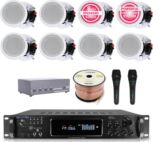 Home Audio System Kit - 7.2 Channel 1500W Bluetooth Amplifier w/ 8 Qty of 8" Framed Ceiling Speakers 300 W Each, 4-Ch Speaker Selector, 2 Qty of Mic, 250 ft Speaker Wire & Remote by Vaiyer