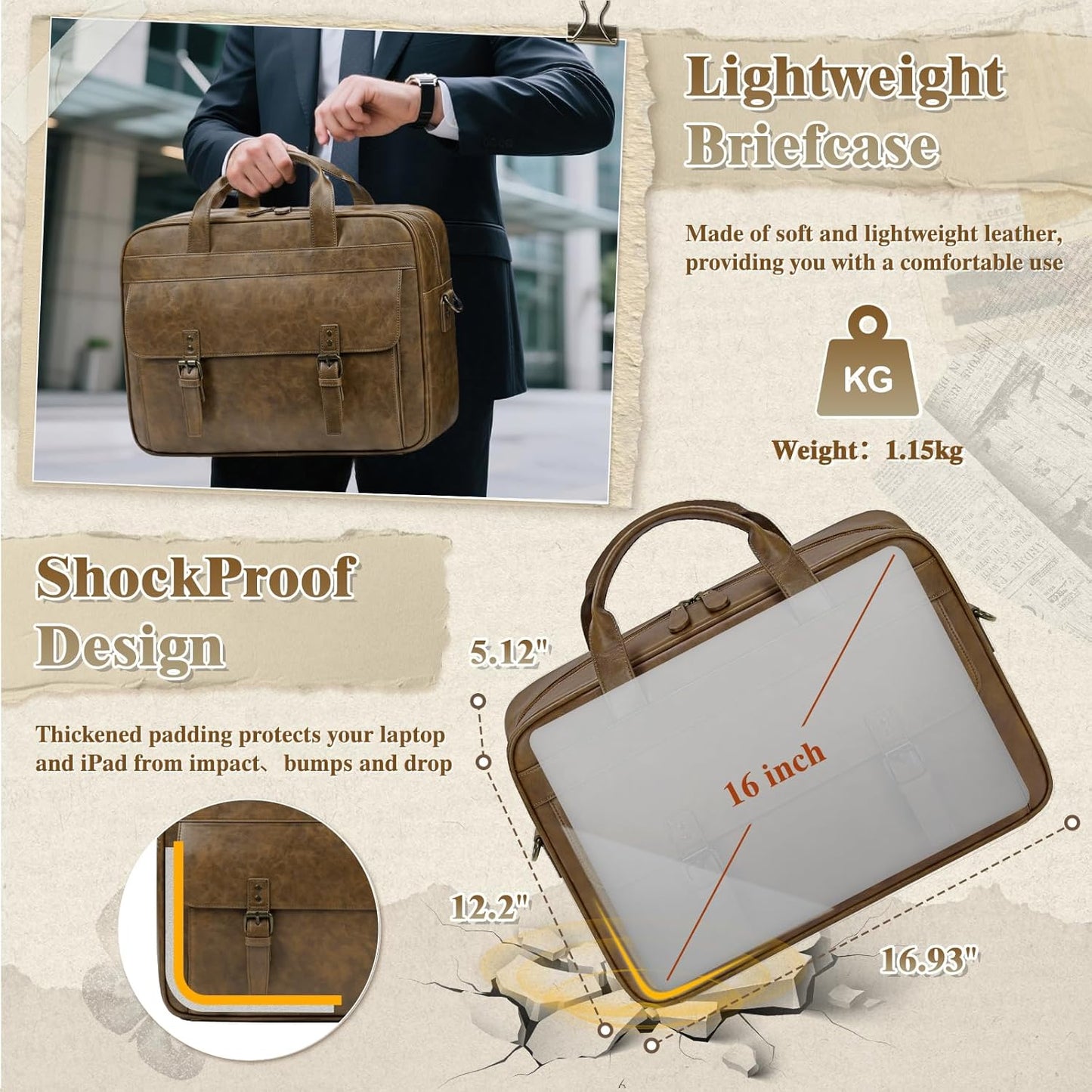 RAINSMORE Messenger Bag for Men 16 Inch Laptop Bag Vintage Leather Waterproof Laptop Briefcases Large Computer Satchel Bag