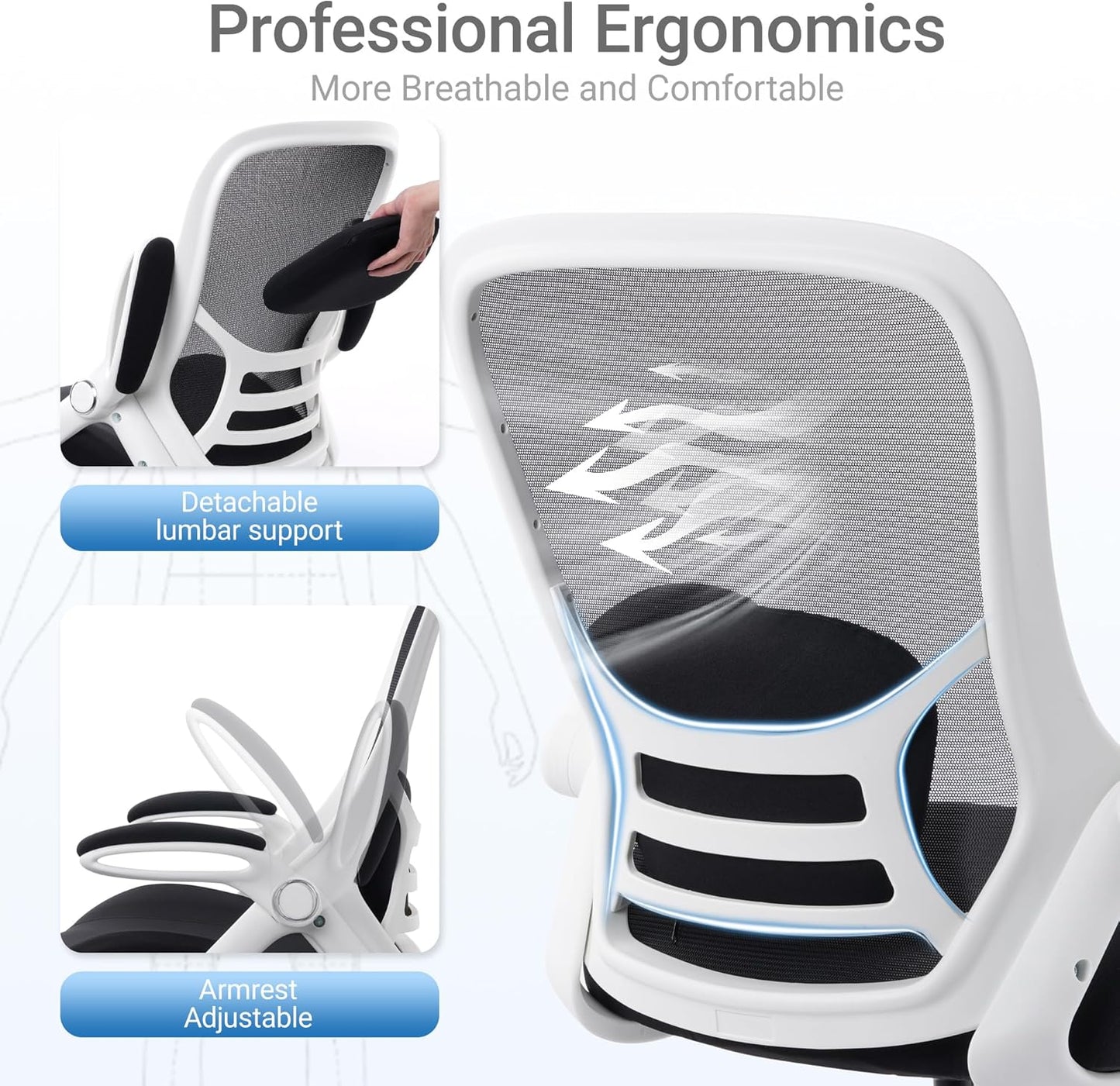 HYLONE 400lbs Heavy Duty Drafting Chair 5" Thickened Seat Office Chair with Flip-Up Armrests Tall Ergonomic Computer Chair with Lumbar Support and Adjustable Footrest Ring Standing Desk Chair (Black)