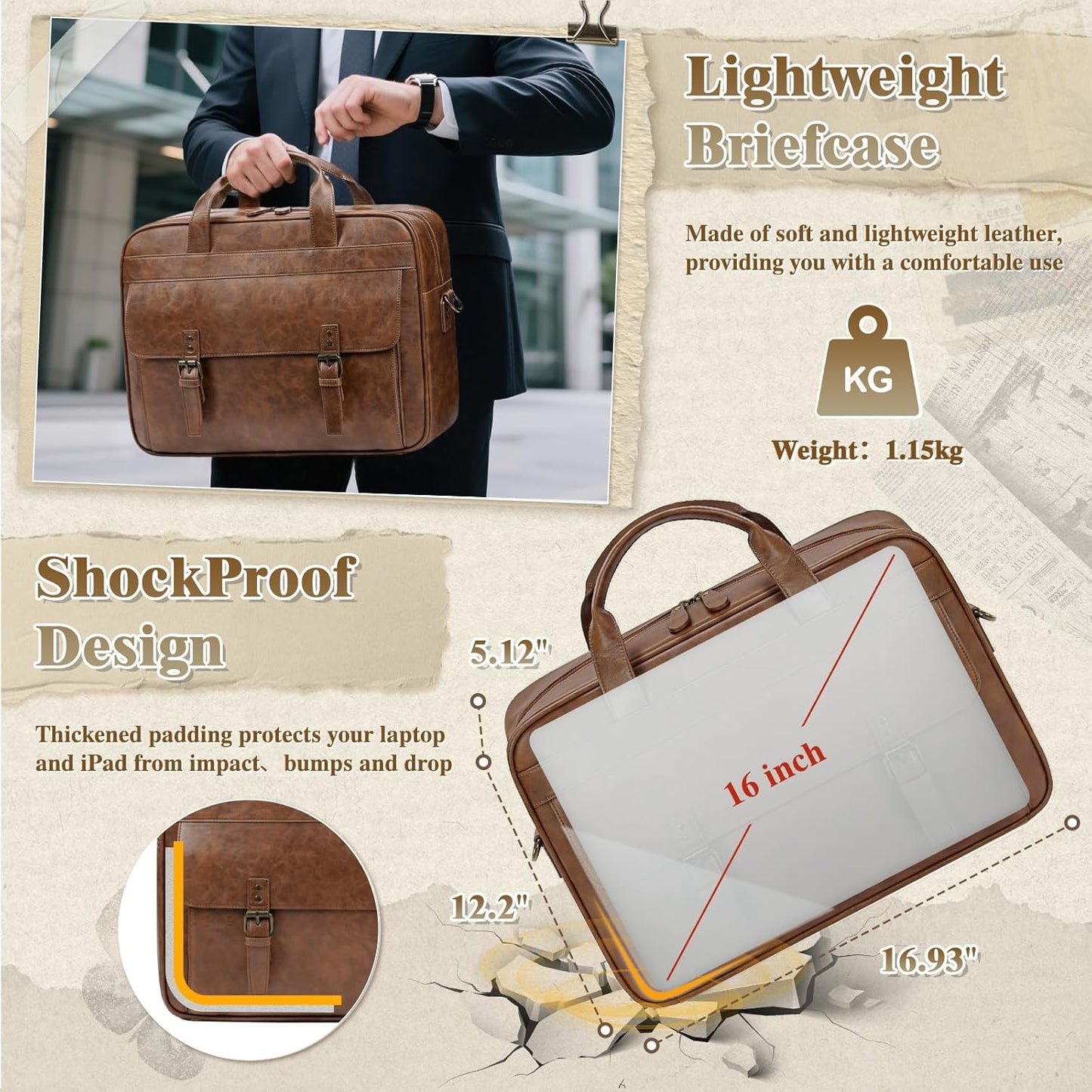 RAINSMORE Messenger Bag for Men 16 Inch Laptop Bag Vintage Leather Waterproof Laptop Briefcases Large Computer Satchel Bag