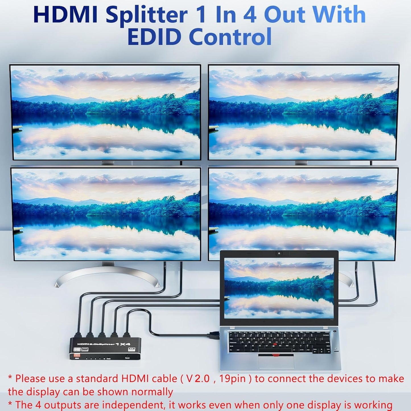 HDMI 2.0 Splitter 1 in 4 Out, LUKFOCAB 1x4 HDMI Splitter 4K@60Hz 8:8:8 HDR, HDMI 2.0, HDCP 2.2, 18Gbps, Auto EDID, Supports UHD 3D D-o-l-b-y 4 Ports Mirror Mode and Multichannel Audio Streams