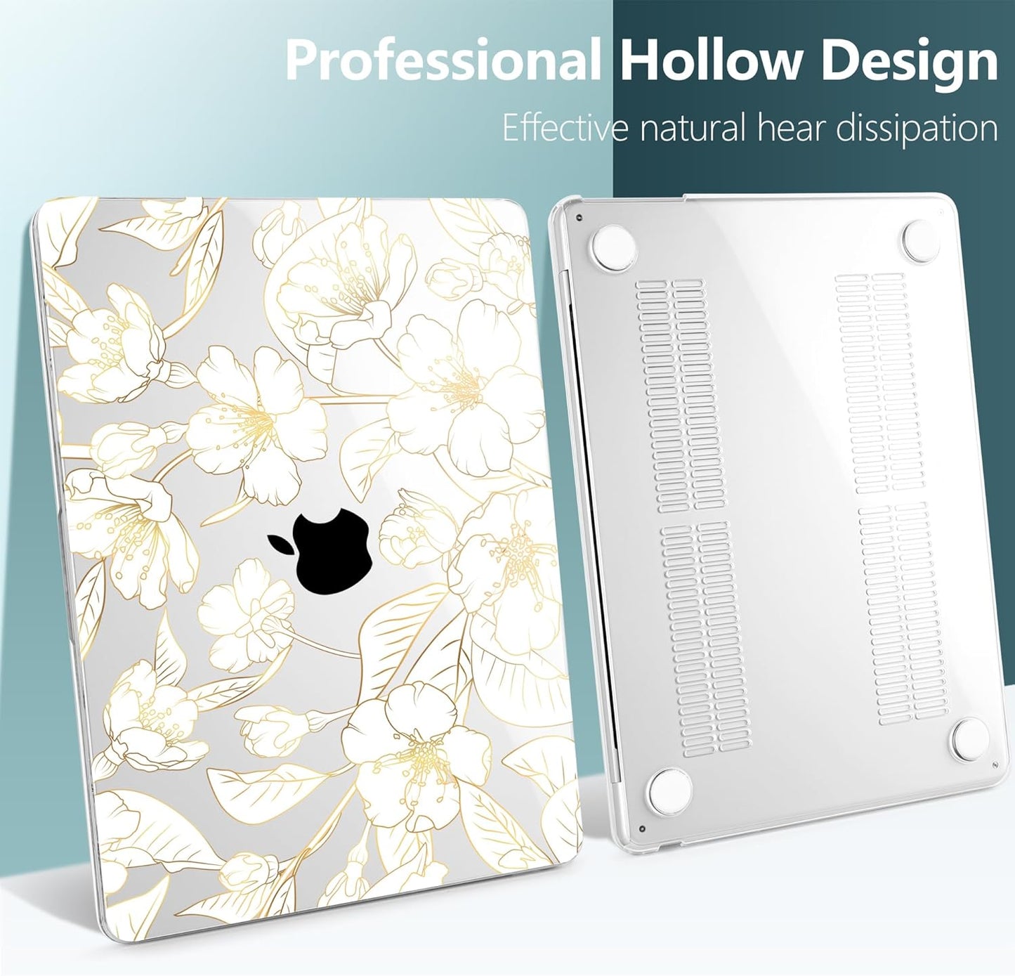 TWOLSKOO Compatible with M4 MacBook Air 15 inch Case 2025-2023 Released Model M4 A3241 M3 A3114 M2 A2941, Plastic Hard Shell & Screen Protector & Keyboard Cover & Type C Adapter, Gold Cherry Blossom