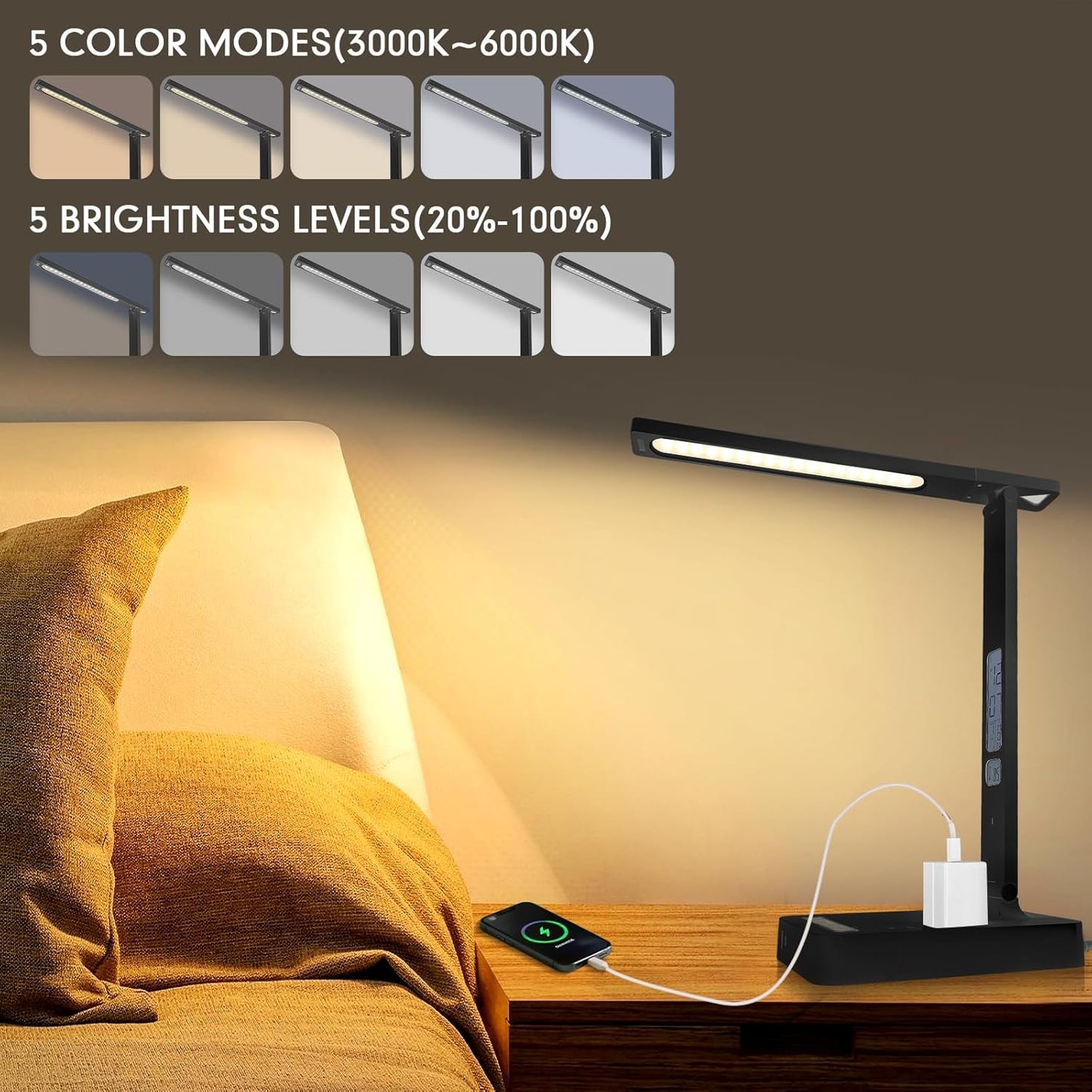 karidi Smart Desk Lamp with Digital Clock, 4-in-1 Charging Station (2 AC Outlets, Type-C, USB-A Ports), Temperature Display, 5 Color & Brightness Settings, Ideal for Offices & Bedrooms