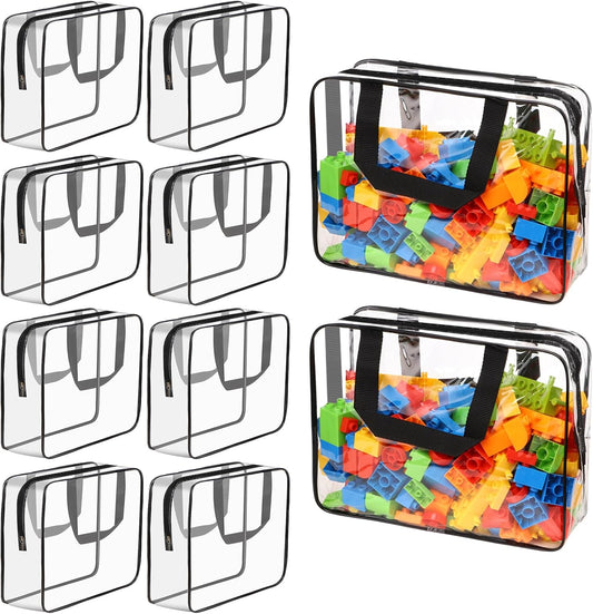 10 Packs Large Toy Storage Bags with Labels, Waterproof Clear PVC Storage Bags for Toys, Travel Organizer Bags with Zipper Closure for Puzzles, Building Blocks, Kids' Books