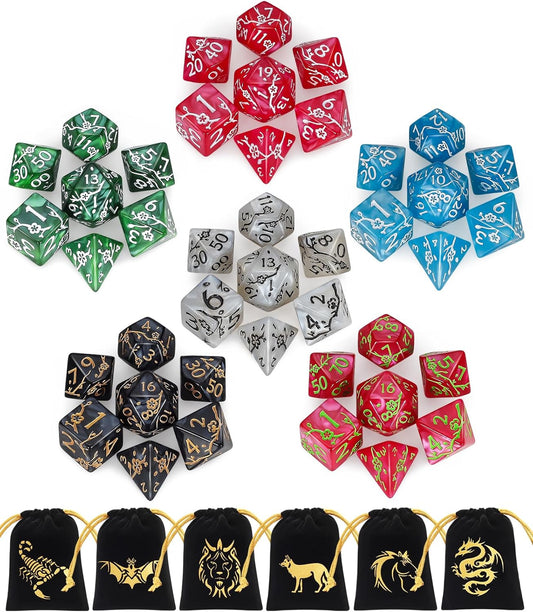 CiaraQ Polyhedral Dice Set (42pc) with 6 Drawstring Dice Pouches for Dungeons and Dragons RPG MTG Table Games. 6 Sets of Plum Blossom Pattern Role Playing Dice