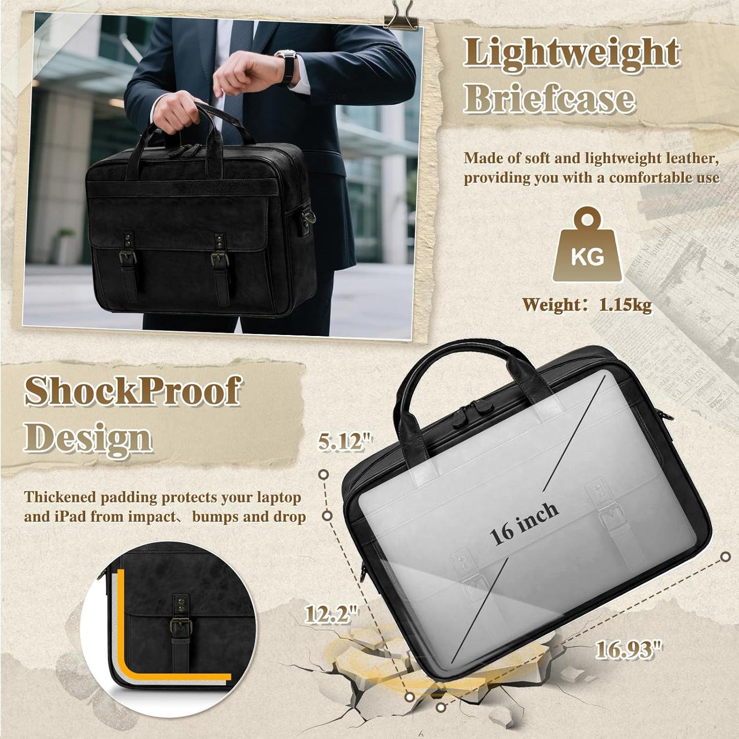 RAINSMORE Messenger Bag for Men 16 Inch Laptop Bag Vintage Leather Waterproof Laptop Briefcases Large Computer Satchel Bag