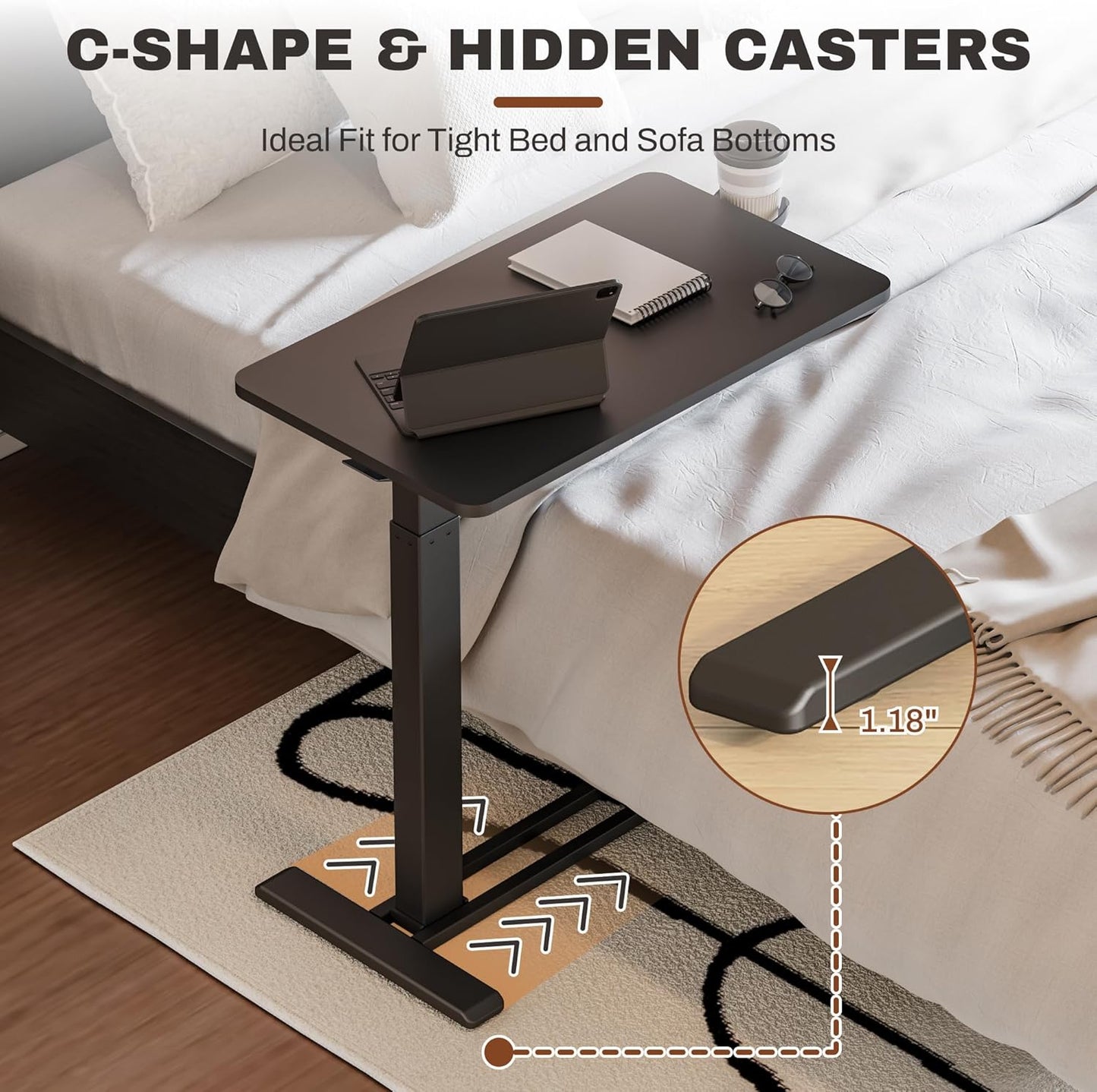 FLEXISPOT Mobile Standing Desk with Wheels Pneumatic Laptop Desk Rolling Computer Cart Movable Height Adjustable Small Sit Stand Desk Computer Workstations Home Use（27.6" W x 15.7" D, Black