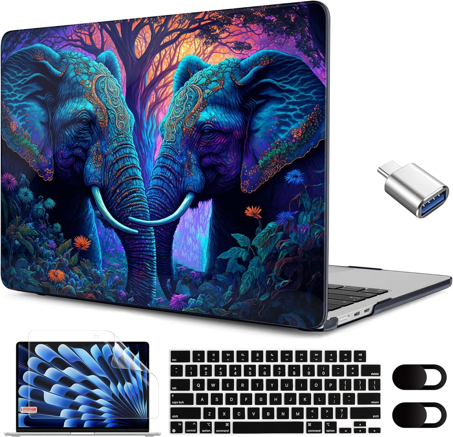 MEEgoodo Portable Electronic Device Cover for MacBook Air M3 M2 15.3 inch 2023-2024, Hard Case with Keyboard & Webcam Cover, Screen Protector, OTG Adapter, Elephants