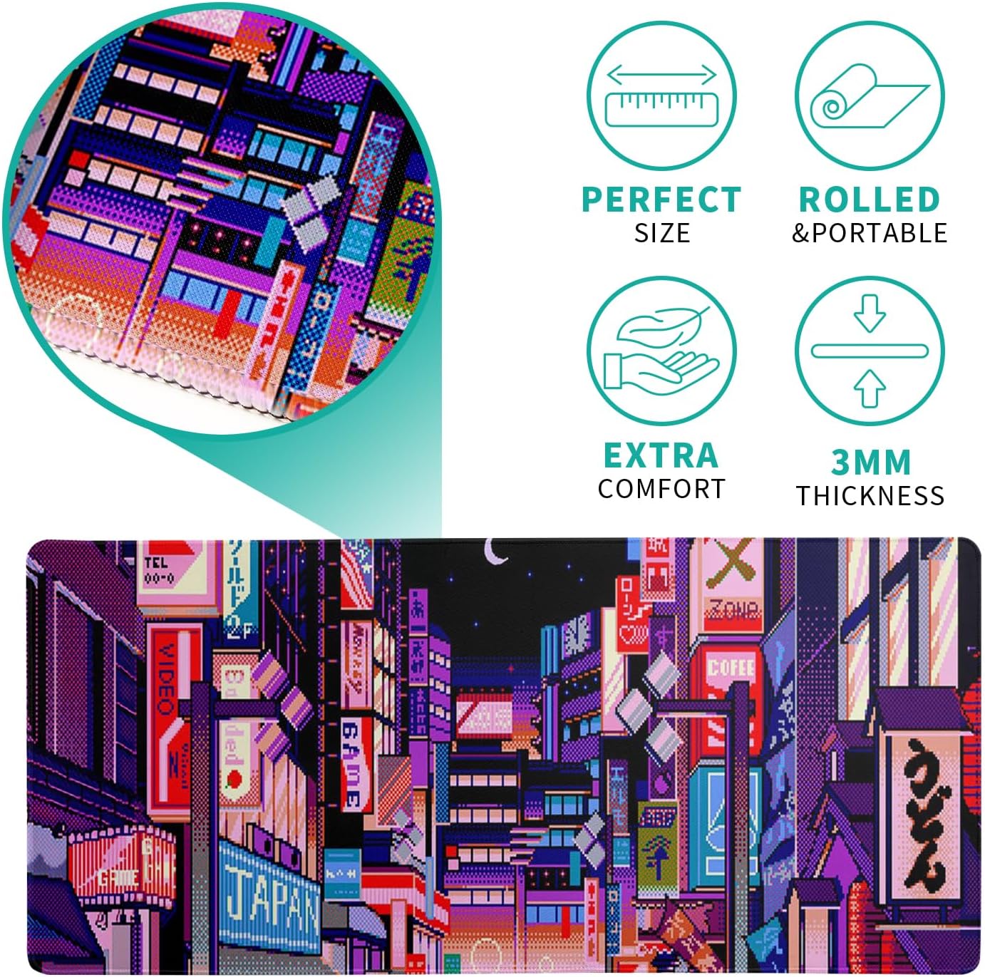 Dark Purple Japanese Gaming Mouse Pad Abstract Anime Mat 31.5x11.8 Inch Tokyo Pixel Street Texture Non-Slip Rubber Base Kawaii Mousepad Stitched Edges Keyboard Desk Pad for Office and Home Game