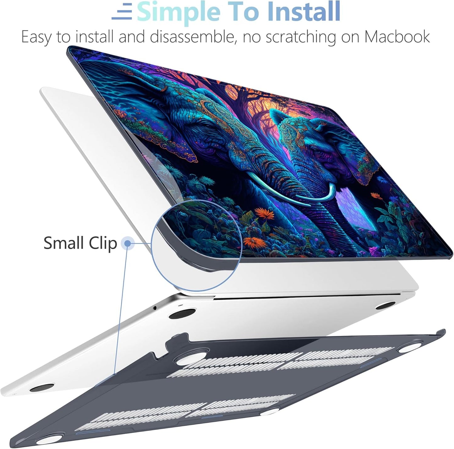 MEEgoodo Portable Electronic Device Cover for MacBook Air M3 M2 15.3 inch 2023-2024, Hard Case with Keyboard & Webcam Cover, Screen Protector, OTG Adapter, Elephants