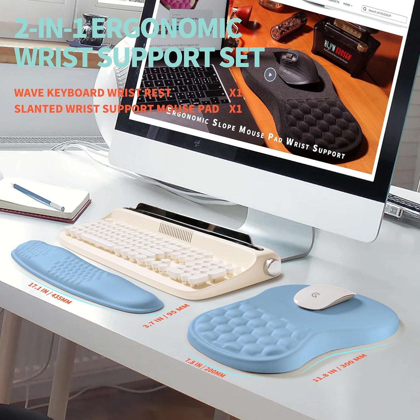 2-in-1 Ergonomic Set, Wave Rise Keyboard Wrist Rest and Massage Bulge Slope Mouse Pad Wrist Support, Cushion Memory Foam Integrated to Relieve Wrist Pain, Lake Blue