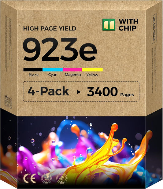923XL 923e Ink Cartridges with chip 4-Pack Black Cyan Magenta Yellow High Yield Replacement for HP 923 923e Ink Compatible for HP OfficeJet Pro 8135e 8138e 8139e 8122e 8120 8123 8130 8133 Printers