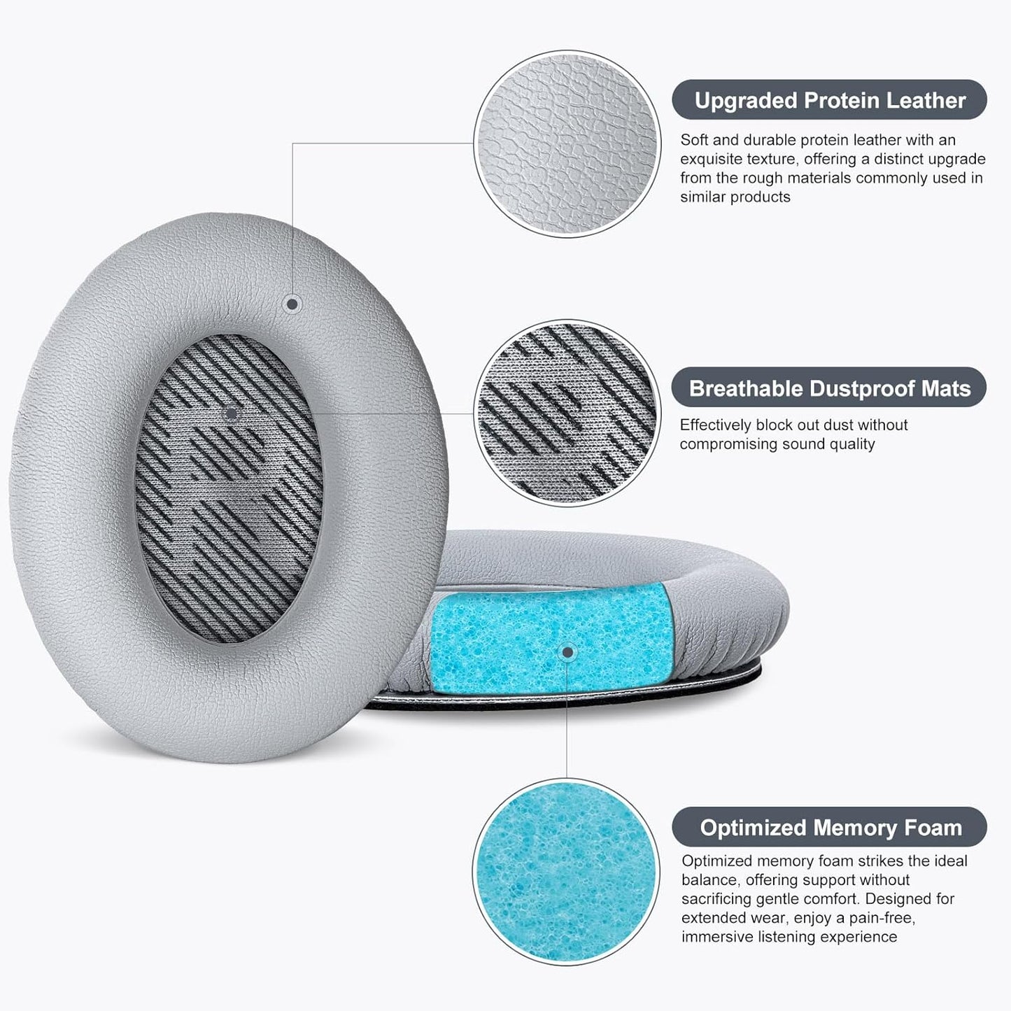 Aurivor Replacement Ear Pads Cushions for Bose QuietComfort QC 35 (ii) 25 15 2 Headphones, Upgraded Earpads for QC35 (ii) QC25 QC15 QC2 SoundTrue/SoundLink AE2/AE2i/AE2w Around-Ear Headphones (Silver)