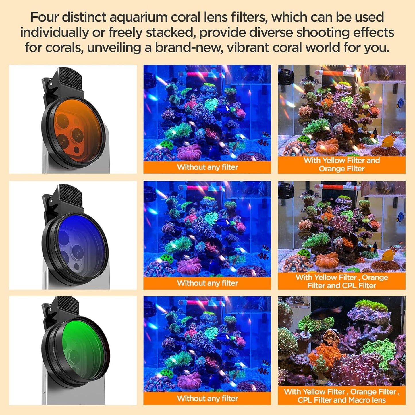 52MM Coral Reef and Reef Tank Filter Kit for Phone, CPL Polarizing+20,000k Yellow+15,000k Orange+10x Macro, Clip, Saltwater Aquarium Lens Compatible with iPhone16 15 Pro Max Samsung Moto Google TCL