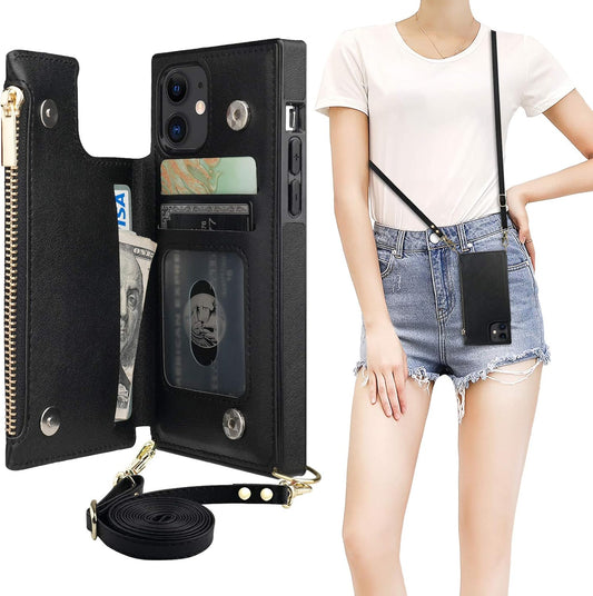 Bocasal Crossbody Wallet Case for iPhone 11 with Card Holder,Zipper Card Slot Protector Shockproof Purse Cover with Removable Cross Body Strap 6.1 Inch(Black)