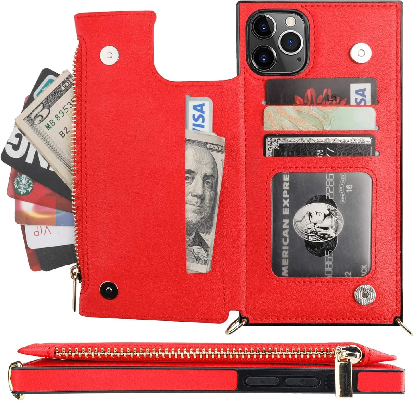 Bocasal Crossbody Wallet Case for iPhone 11 Pro Max with Card Holder,Zipper Card Slot Protector Shockproof Purse Cover with Removable Cross Body Strap 6.5 Inch(Red)