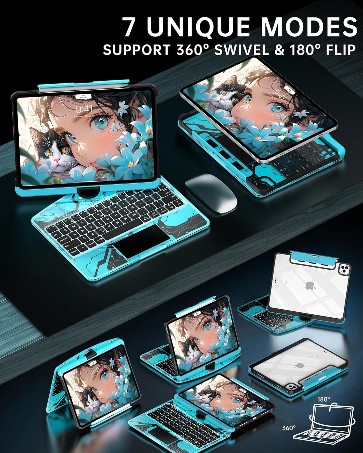 Intermerge Clear Keyboard Case for iPad Air 11" (M3/M2, 2025/2024), Air 5th/4th, Pro 11" 2022-2018, 360° Swivel Multi-Touch Trackpad, 7-Color Backlit, Pencil Holder, Type-C, Aqua Pulse