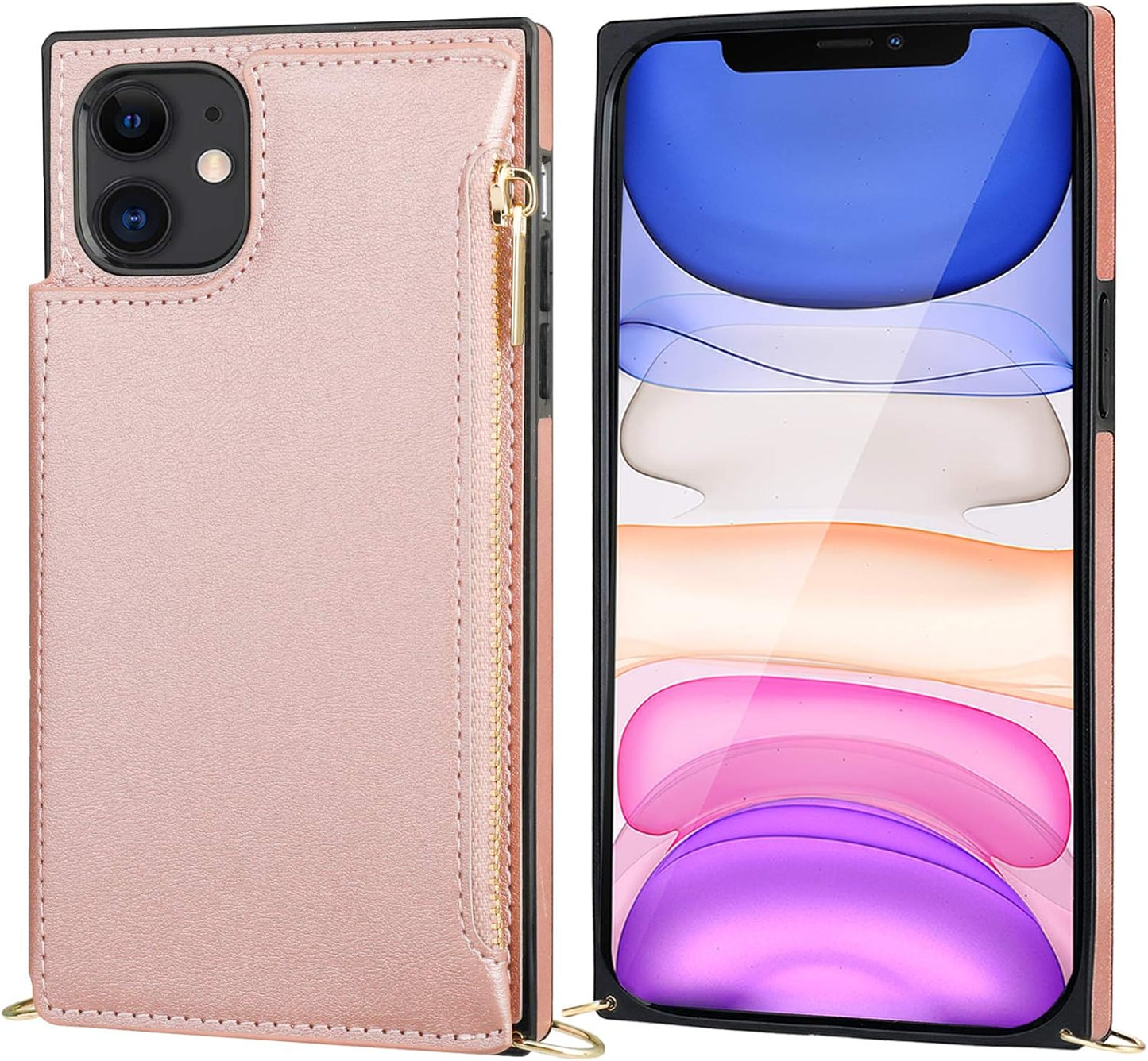 Bocasal Crossbody Wallet Case for iPhone 11 with Card Holder,Zipper Card Slot Protector Shockproof Purse Cover with Removable Cross Body Strap 6.1 Inch(Rose Gold)