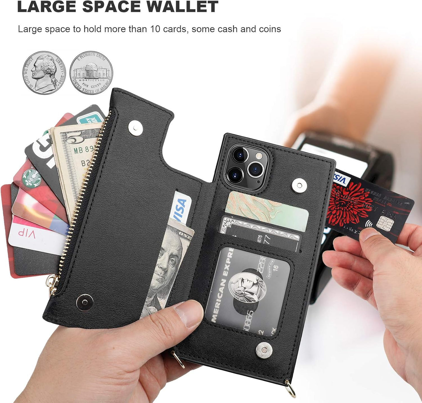 Bocasal Crossbody Wallet Case for iPhone 11 Pro with Card Holder,Zipper Card Slot Protector Shockproof Purse Cover with Removable Cross Body Strap 5.8 Inch(Black)