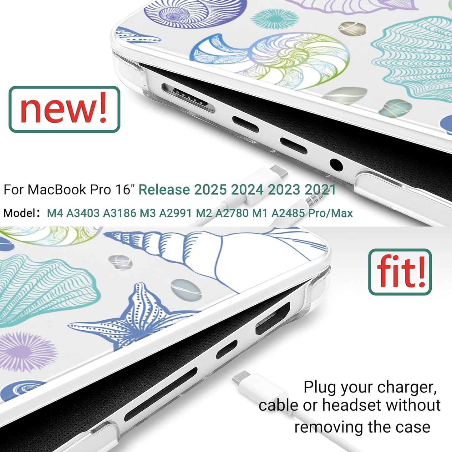 DONGKE for M4 MacBook Pro 16 Inch Case 2024 2023 2021 A3403 A3186 M3 A2991 M2 A2780 M1 A2485 Pro/Max Chip, Plastic Hard Shell Case & Keyboard Cover for Mac Pro 16 with Touch ID, Sea Shells