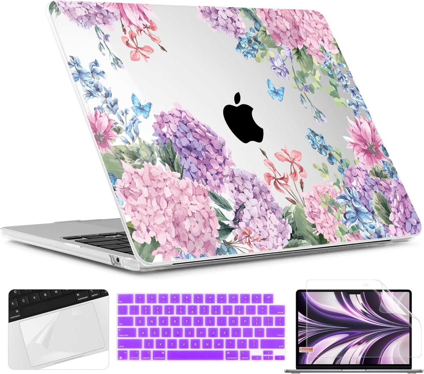 TWOLSKOO for M4 MacBook Air 13.6 inch Case 2025-2022 Release M4 A3240 M3 A3113 M2 A2681, Plastic Hard Shell & Screen Protector & Keyboard Cover & Trackpad Film, Colorful Hydrangea