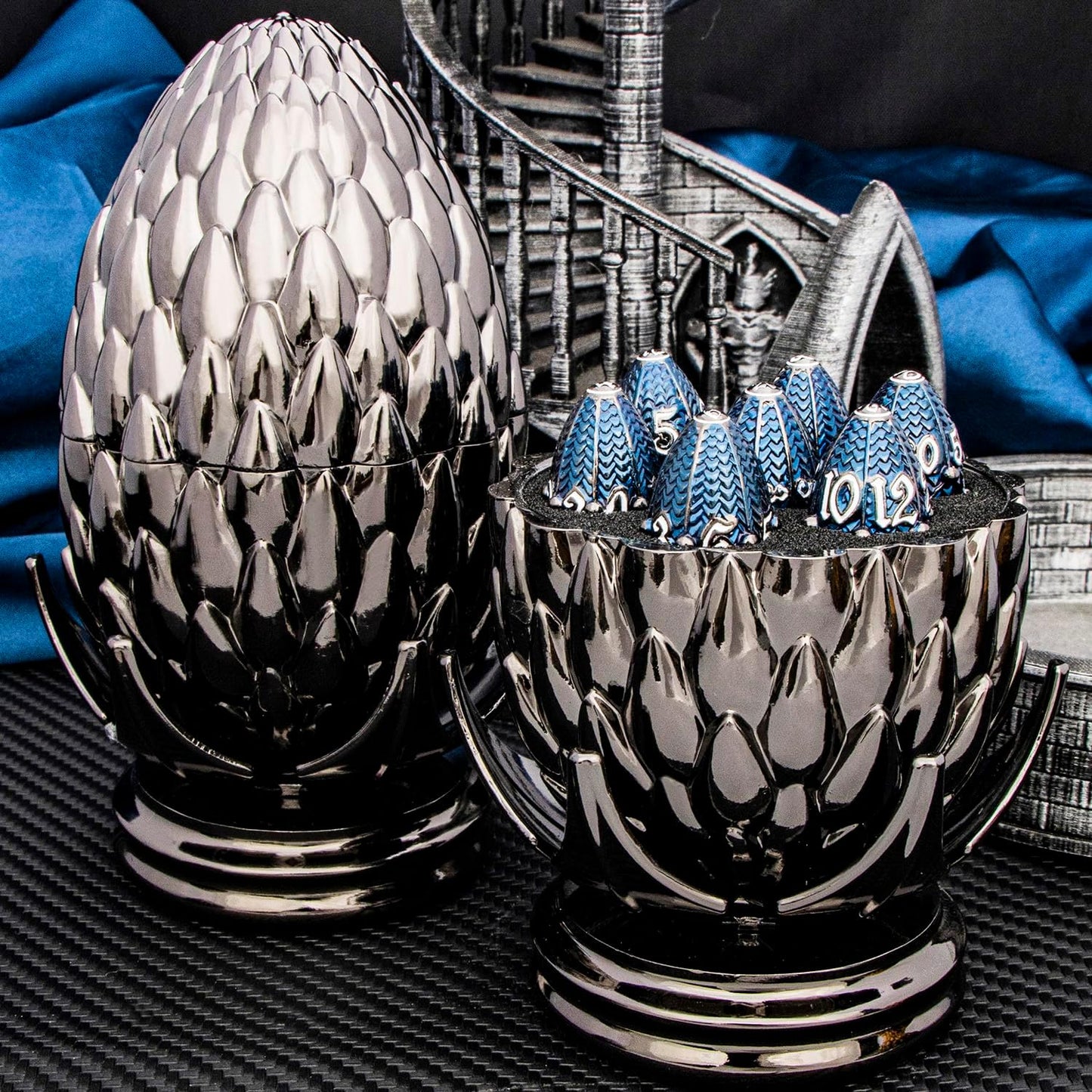 ARUOHHA DND Metal Dice Black Blue Dragons Egg Dice with Rotating Dragon Egg Shell, Compatible with D&D RPG Role Playing Game, Dungeons Polyhedral D and D Dice Set D20 D12 D10 D8 D6 D4