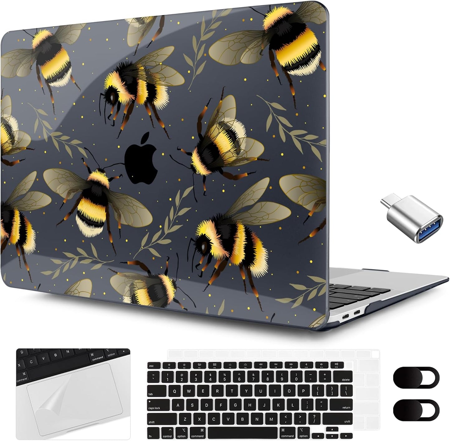 MEEgoodo for MacBook Air 13.3 inch Case 2021 2020 2019 2018 A2337 M1 A2179 A1932, Laptop Shell with Keyboard Webcam Cover & Trackpad Film & Type C Adapter for MacBook Air M1, Bumblebee & Leaves