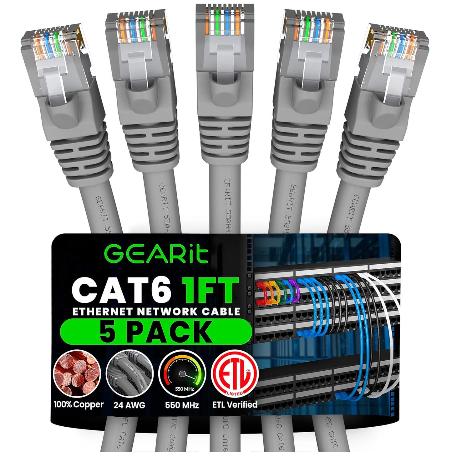 GEARit Cat 6 Ethernet Cable (5-Pack 1 Foot) Cat6 Network Patch, 10Gbps, RJ45, Snagless Cord, Gold-Plated Connectors, Internet for PC, TV, Tablet, Router, Printer, Servers, IT Data Center - Gray