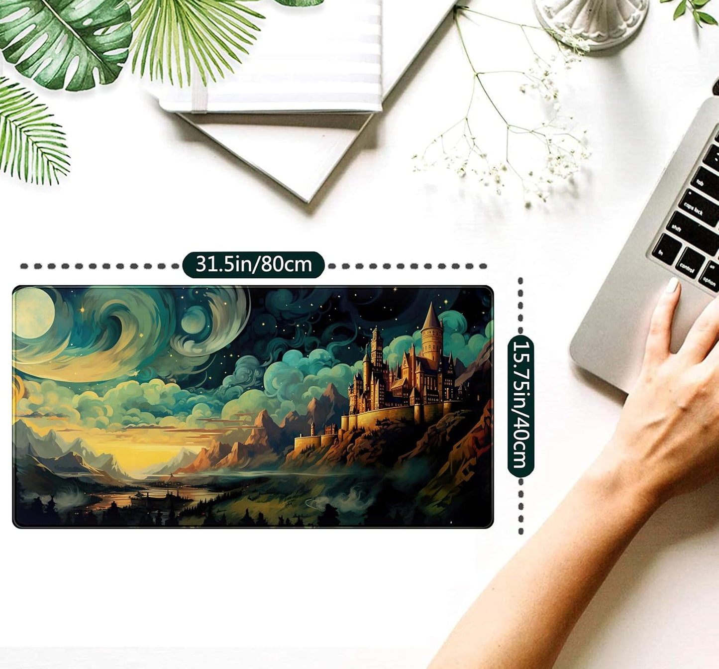 Cool Aesthetic Castle Mouse Pad Desk Pad Cute Cloudy and Starry Desk Mat, Office Desk Decor Anime Mousepad Laptop Keyboard and Mouse Mat, XXL Large Extended Gaming Deskmat for Girl 31.5x15.75 in