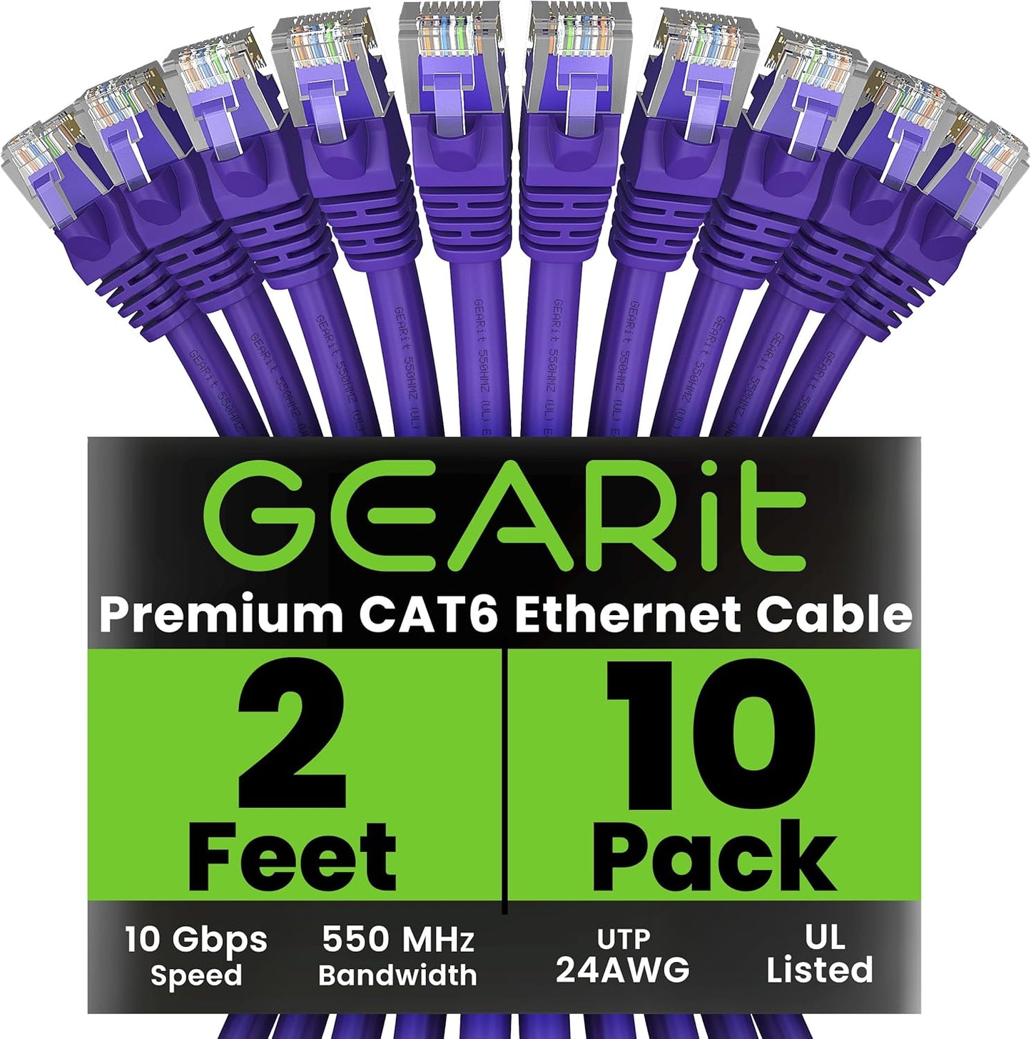 GearIT Cat 6 Ethernet Cable (10-Pack 2 Feet) Cat6 Network Patch, 10Gbps, RJ45, Snagless Cord, Gold-Plated Connectors, Internet for PC, TV, Tablet, Router, Printer, Servers, IT Data Center - Purple