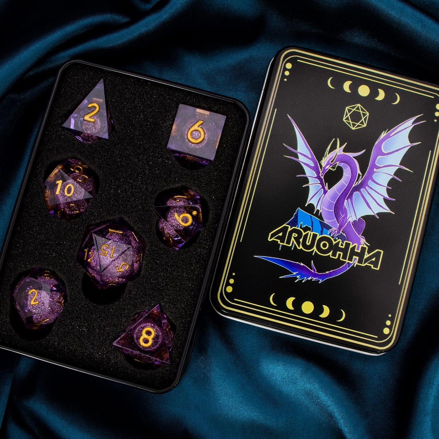 ARUOHHA DND Liquid Core Dice, 7pcs Resin Sharp Edged Dice Set RPG Translucent Polyhedral D and D Dice, Role Playing Dice Set D20 D12 D10 D8 D6 D4 with Gift Box