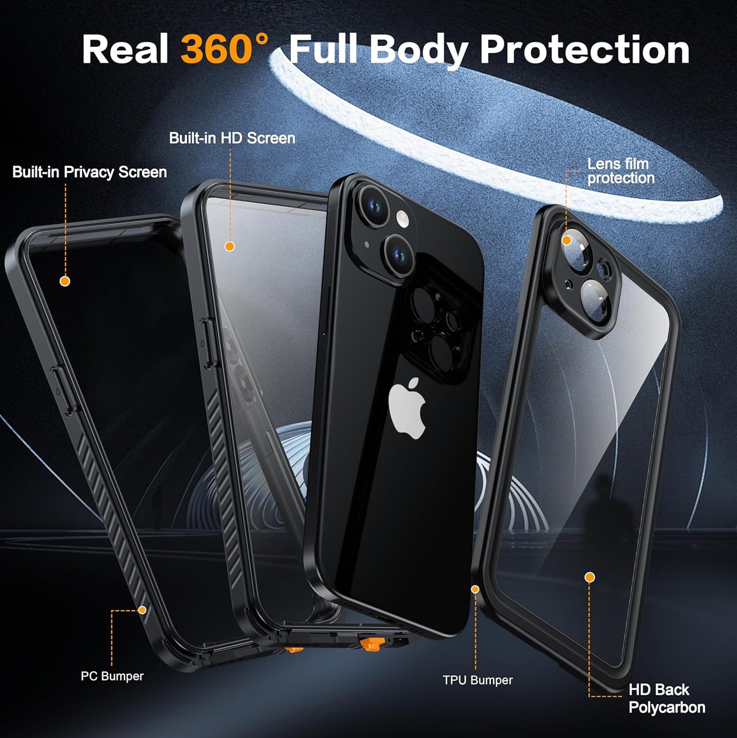 for iPhone 15 Case Waterproof - Built-in Privacy Screen Protector & HD Screen Protector [IP68 Underwater] Shockproof Dustproof Full Body Protection iPhone 15 Phone Case Black