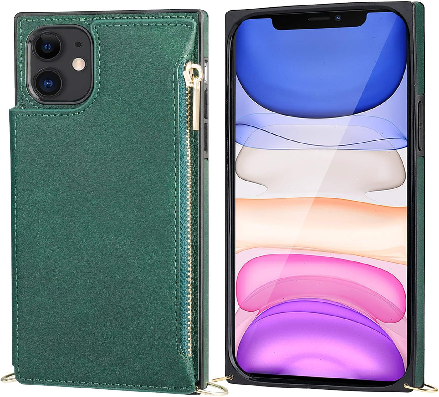 Bocasal Crossbody Wallet Case for iPhone 11 with Card Holder,Zipper Card Slot Protector Shockproof Purse Cover with Removable Cross Body Strap 6.1 Inch(Green)