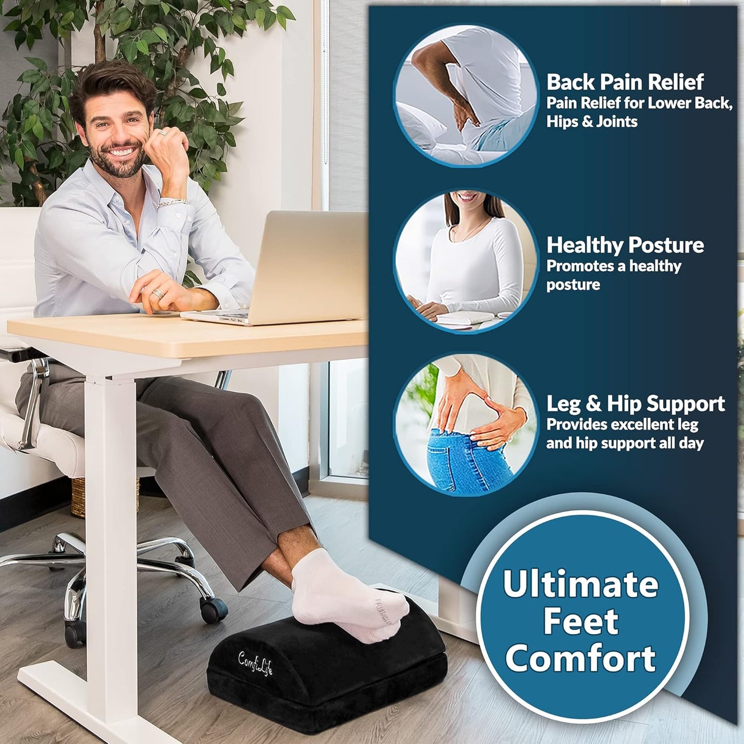 ComfiLife Foot Rest for Under Desk at Work – Adjustable Height Memory Foam Foot Stool for Under Desk, Office Chair & Gaming Chair – Ergonomic Footrest for Back & Hip Pain Relief (Black)