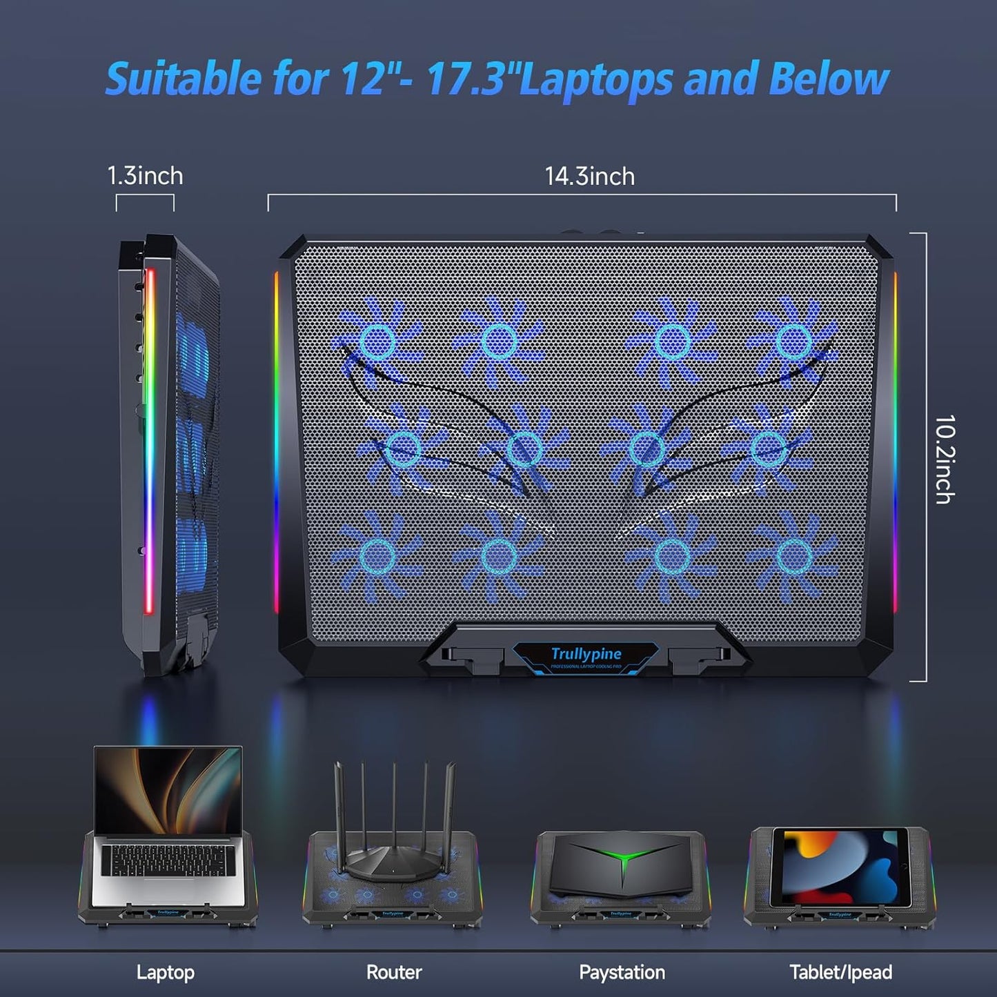 Laptop Cooling Pad with 12 Quiet Fans, Slim Portable for 12-17.3 Inch Laptop Cooler Stand with 5 Height Adjustable, Ergonomic Gaming Cooling Fan Pad with Two USB Ports & Phone Holder (Gear)