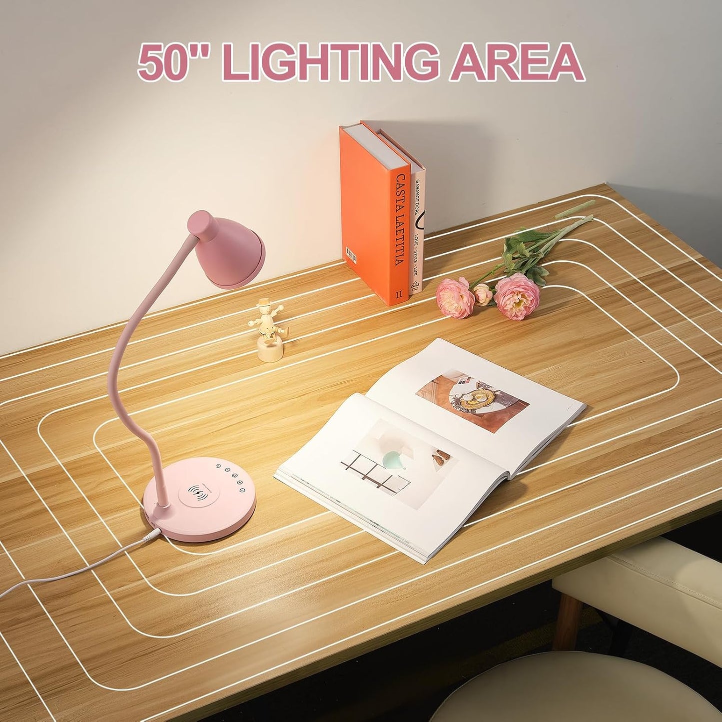 BOHON Cute Desk Lamp with USB C+A Charging Ports, Wireless Charger Pink Lamp, 5 Colors Stepless Dimming Reading Light, Touch Bedside Table Lamp, LED Desk Light for Home Office College Dorm Room Pink