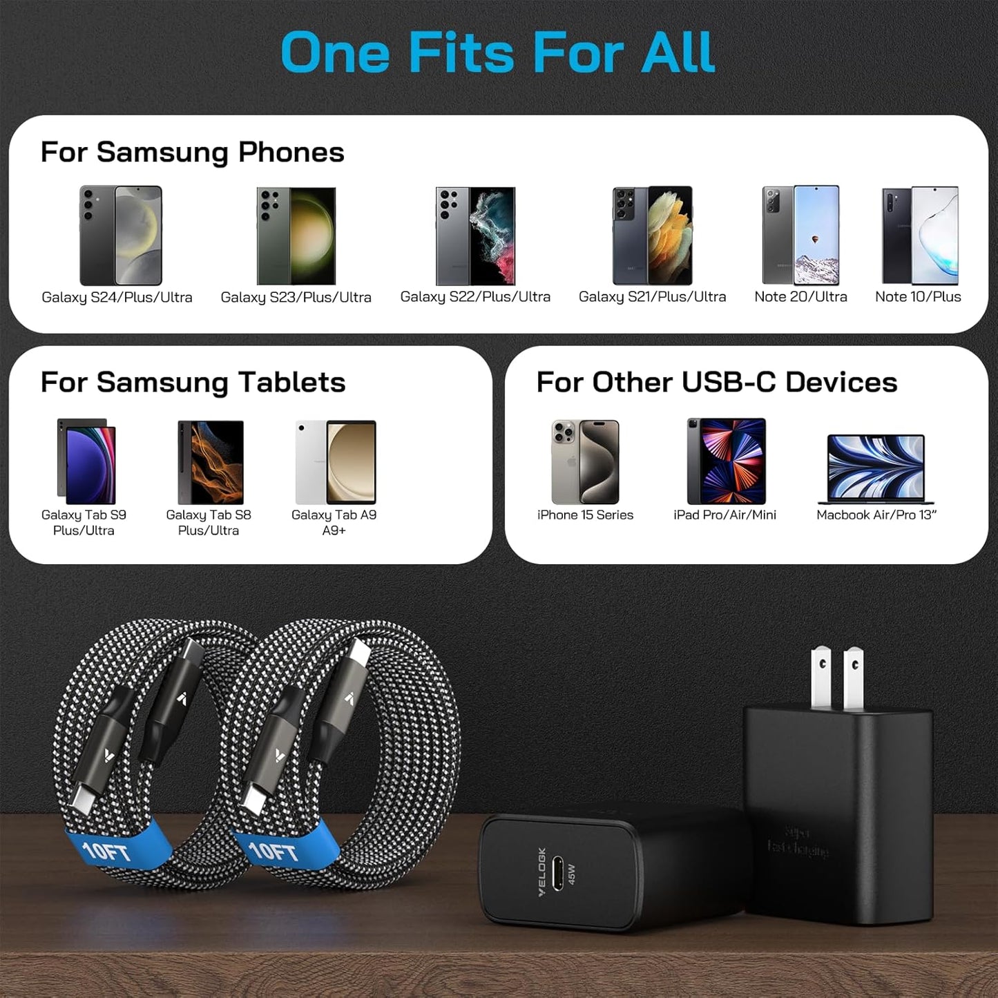 45W Super Fast Charger USB C, 45 Watt Type-C Android Phone Charger Fast Charging Block with 10FT Type C Cords for Samsung Galaxy S25 Ultra/S24 Ultra/S24+/S23 Ultra/S23+/S22 Plus/S20, Tab S9/S8 Ultra
