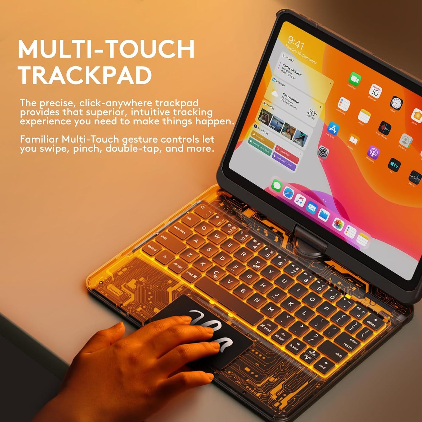 GUSGU Transparent Case with Wireless Keyboard only for 2024 iPad Pro 13-in.(M4), 7 Colors Backlight, Trackpad, 360°Rotating Stand for iPad Pro 13, Tech Style