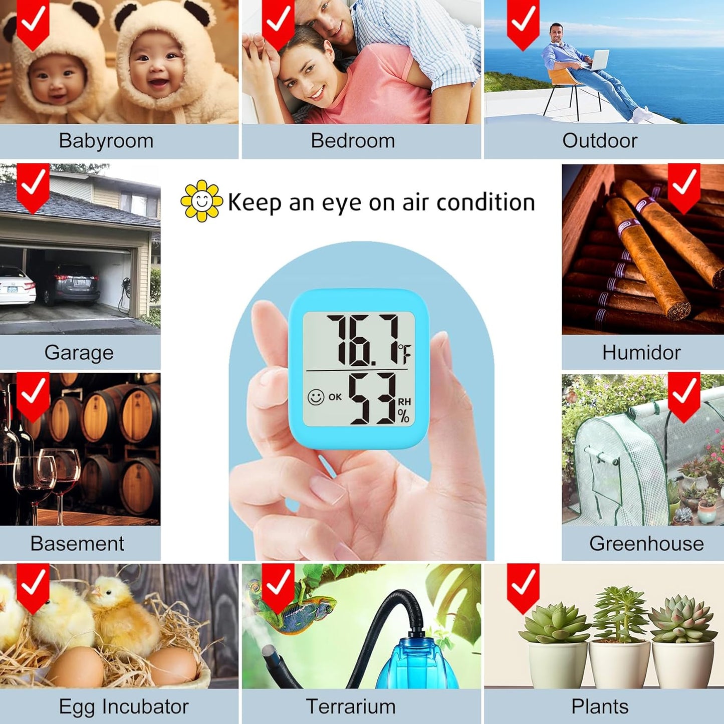 Antonki 2 Pack Room Thermometer for Home, Indoor Hygrometer Humidity Meter Gauge, Digital Temperature and Humidity Sensor Monitor for House, Terrarium, Incubator, Greenhouse - Battery Included
