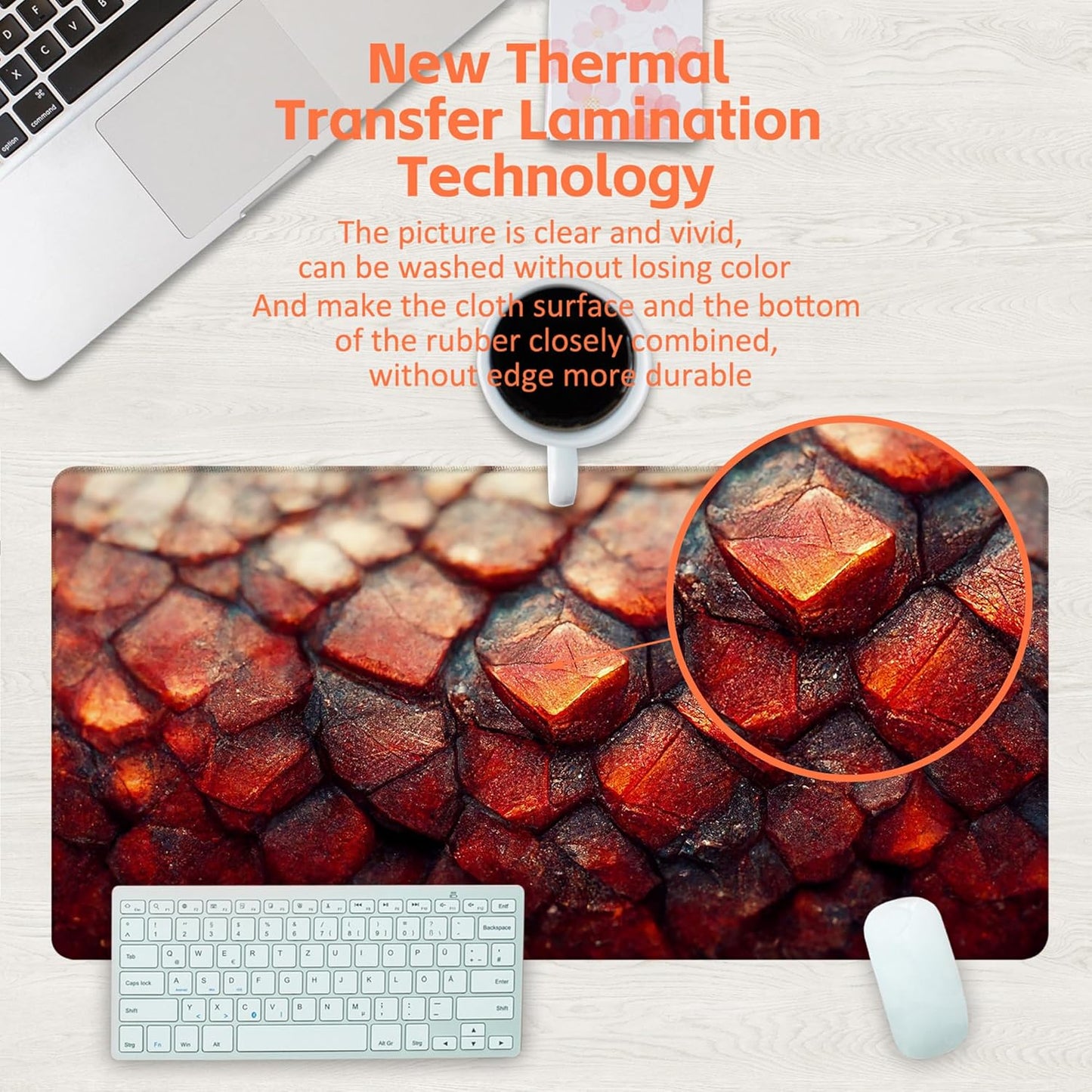 Desk Mat, Red Fire Dragon Scales Desk Pad, Cool Dragon Large Gaming Mouse Pad for Desk, 31.5"x15.7" Extended Big Computer Keyboard Mouse Pad with Non-Slip Base and Stitched Edge