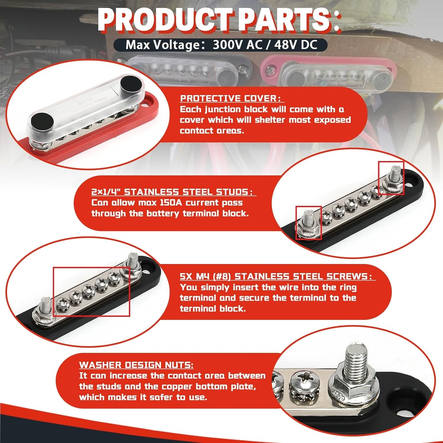 150A 12V Power Distribution Block with 2 x 1/4" (M6) Studs + 5 x M4 (#8) Screws Max 150A 48V DC 300V AC for Automotive Car Marine Truck Boat