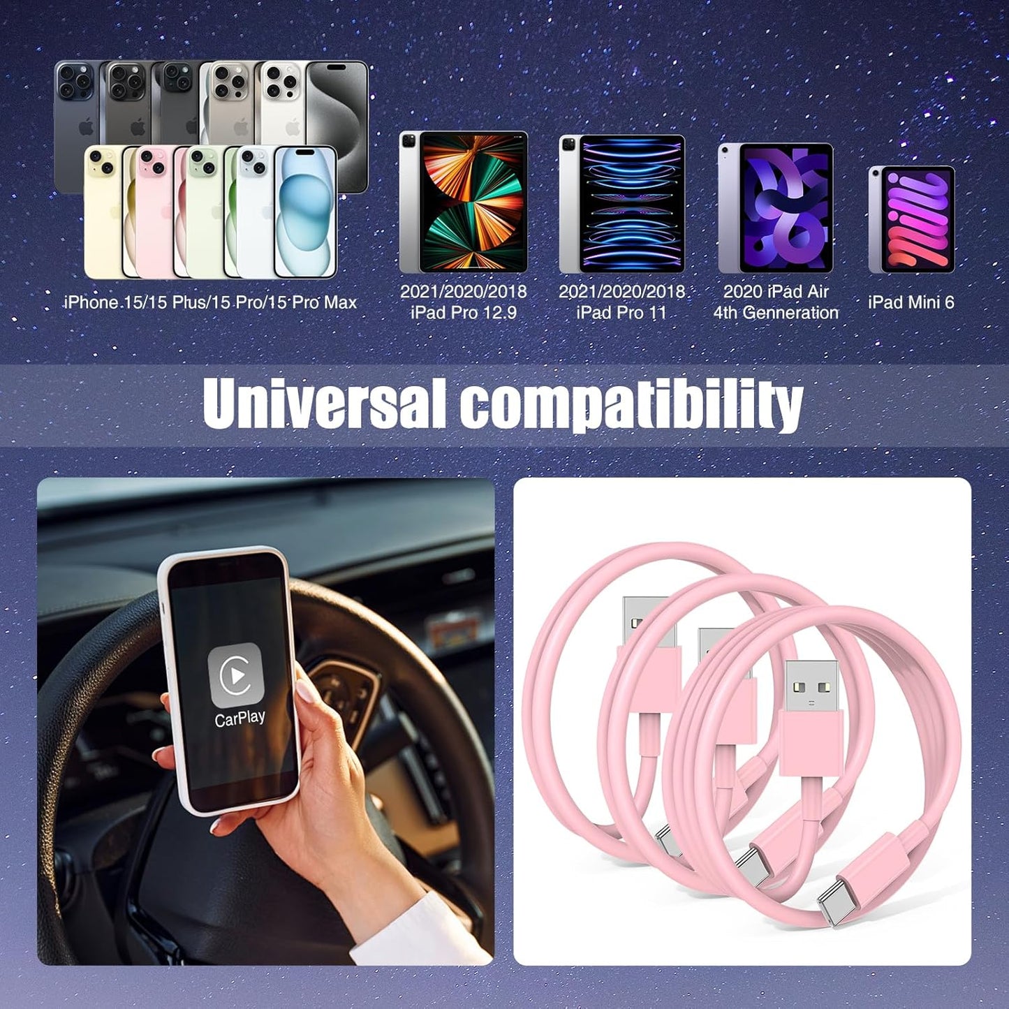 3-Pack Pink [3.3FT+3.3FT+6FT] USB A to USB C Cable，USB to USB C Car Carplay Cable for iPhone 16 15 Pro Plus Pro Max，for iPad Pro/Air/Mini，for Samsung S24/S23/S22/S21，for MacBook Pro/Air and More