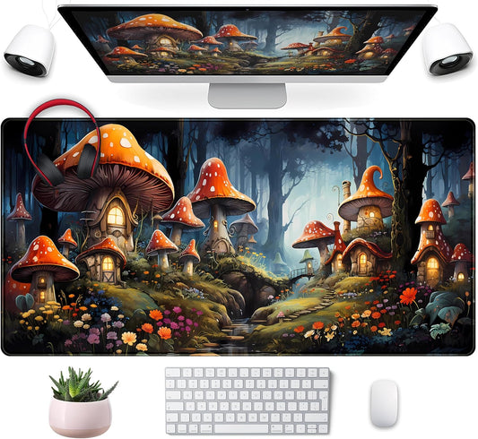 Cute Anime Mushroom Desk Pad Floral Desk Mat, XXL Large Extended Mousepad Gaming Mouse Pad Computer Mat with Stitched Edges, Fantasy Office Decor Laptop Keyboard and Mouse Mat, 31.5x15.75 in