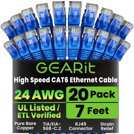 GearIT Cat 6 Ethernet Cable Pack - 20-Pack 7 ft Cat6 Ethernet Patch Cables | RJ45 Network Patch Cable, 10 Gbps Snagless Gold-Plated Connectors - Ethernet Cable Cat 6 for PC, TV, Router - Blue