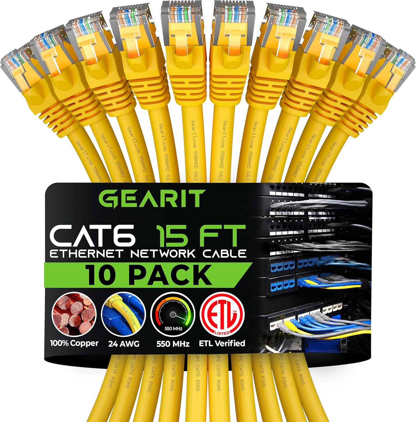 GearIT Cat 6 Ethernet Cable (10-Pack 15 Feet) Cat6 Network Patch, 10Gbps, RJ45, Snagless Cord, Gold-Plated Connectors, Internet for PC, TV, Tablet, Router, Printer, Servers, IT Data Center - Yellow