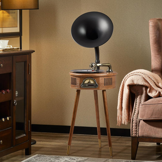 Gramophone Record Player，Italian Style Gramophone Vinyl Record Player with Control/Bluetooth/USB/FM Vintage Record Players Turntables 2 Speed(33/45), Hi-Fi, Classic Tripod Retro Wooden Design