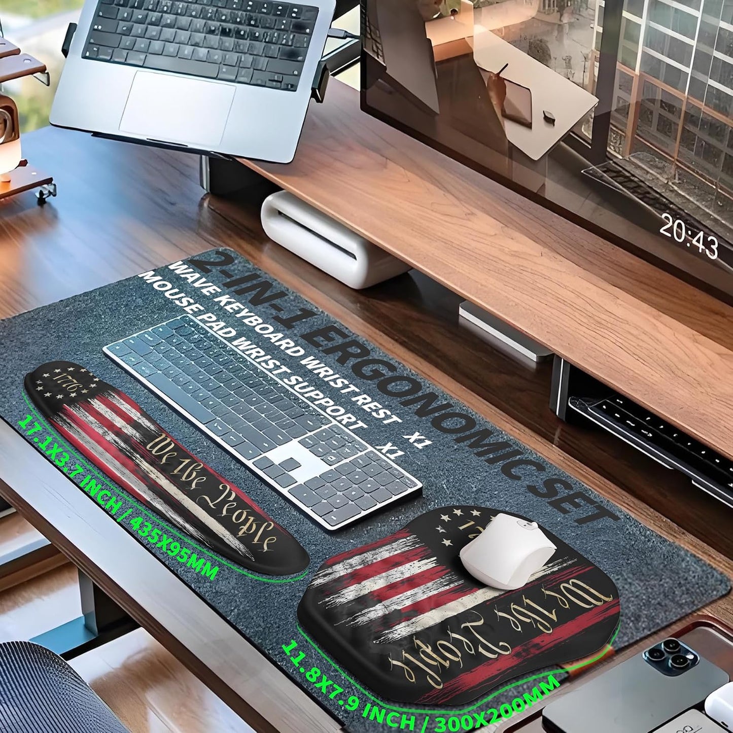2-in-1 Ergonomic Set, Wave Keyboard Wrist Rest and Massage Slope Mouse Pad Wrist Support, Rebound Memory Foam for Relieve Carpal Tunnel Syndrome and Wrist Pain (Flag)