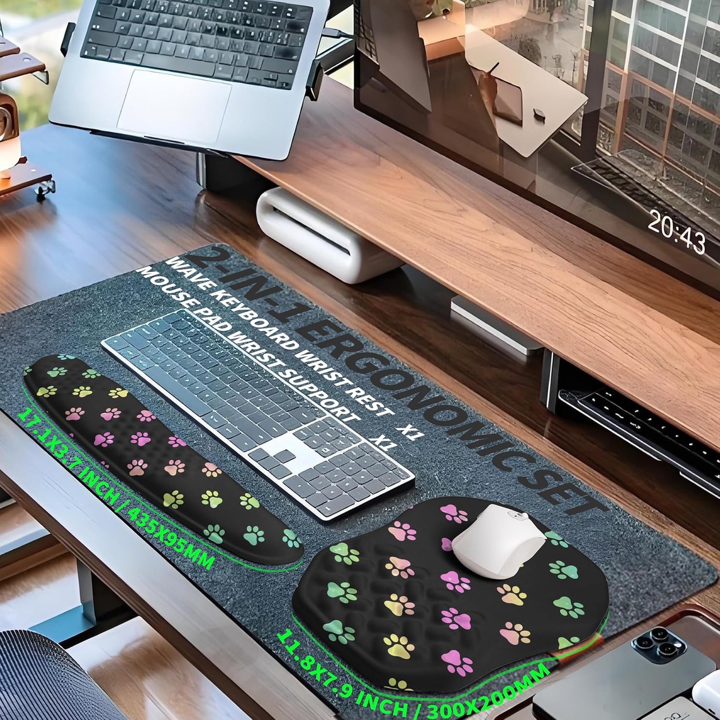 2-in-1 Ergonomic Set, Wave Keyboard Wrist Rest and Massage Slope Mouse Pad Wrist Support, Rebound Memory Foam for Relieve Carpal Tunnel Syndrome and Wrist Pain (Cute Cat Claws)